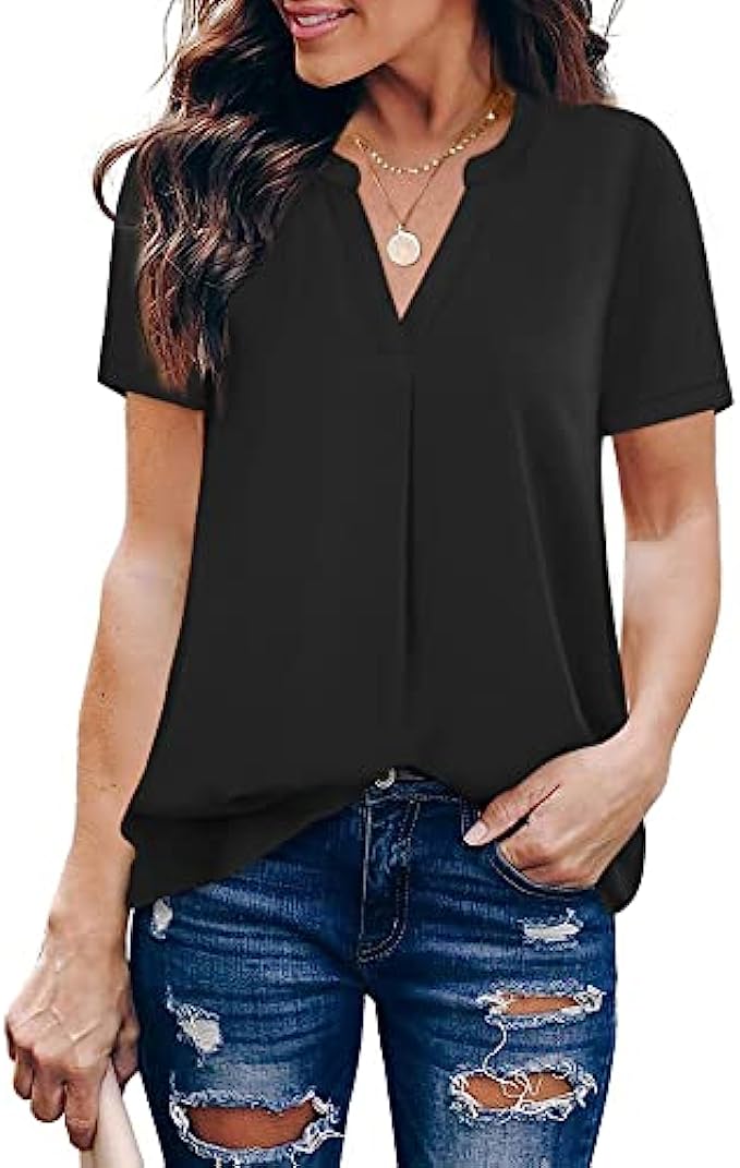 Timeson Women's V Neck Short Sleeve Curved Hem Sheer Chiffon Blouse Shirts Tops