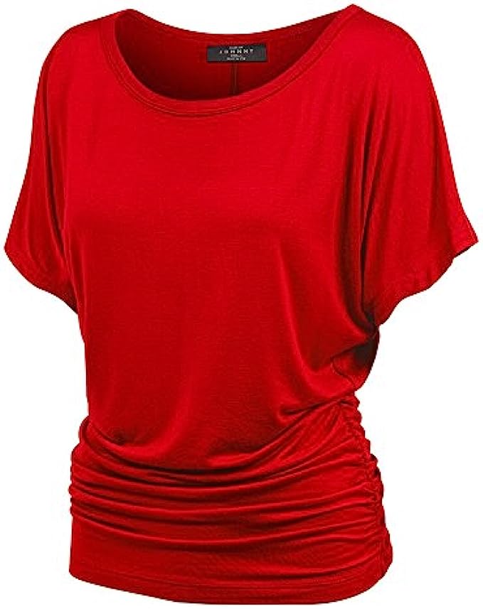 Made By Johnny Women's Solid Short Sleeve Boat Neck V Neck Dolman Top with Side Shirring