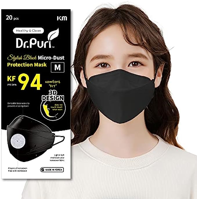[20 Pack] Dr.Puri New Micro-Dust Protection Face Premium Mask (KF94) Black Medium