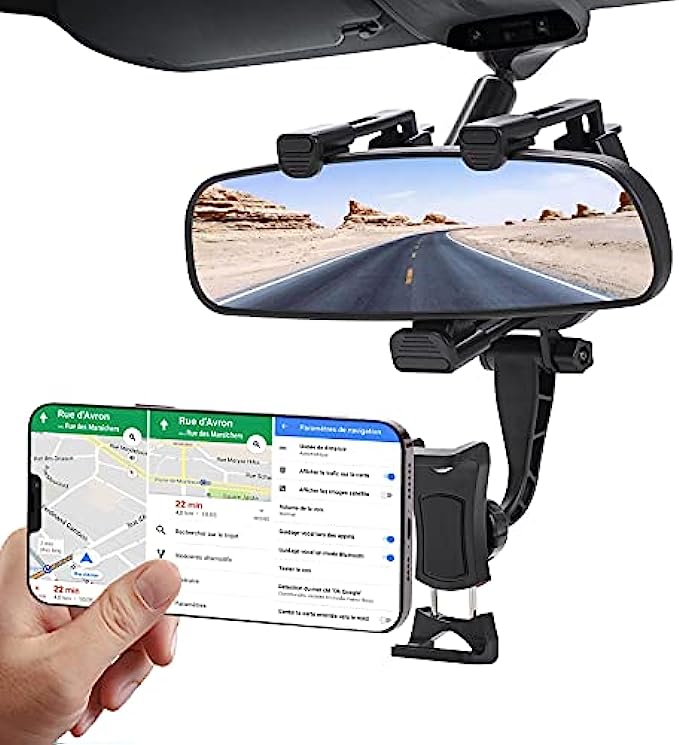 Ombsyej Phone Holder for Car Rear View Mirror Phone Mount, Rear View Mirror Accessories, Universal Car Phone Holder Mount Cell Phone Automobile Cradle Fits with iPhone 12 Pro Galaxy S21 All Phones