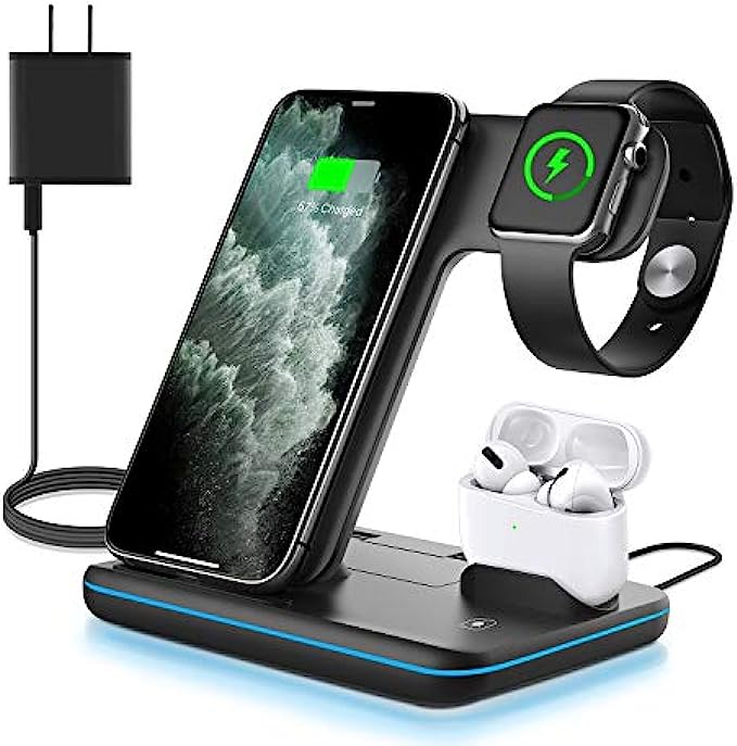 WAITIEE Wireless Charger 3 in 1, 15W Fast Charging Station for Apple iWatch 6/5/4/3/2/1,AirPods Pro,for 13Pro Max/13 Pro/13/12/11/11 Pro/X/Xr/Xs/8/Samsung Galaxy Phone Series (No Watch Charging Cable)
