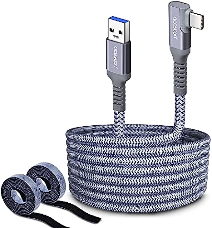 aceyoon Link Cable 20ft Compatible for Oculus Quest 2/1, Braided USB 3.1 GEN1 to Right Angle USB C 5Gbps High Speed Data Transfer & Fast Charging VR Headset Cable for Oculus Link/Rift S