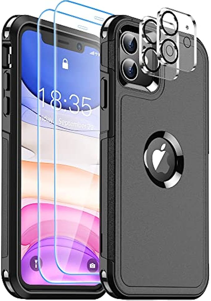 Supfine [5 in 1] iPhone 11 Case, [10 FT Military Dropproof] [2+Tempered Glass Screen, 2+Tempered Camera Lens Protector] Non-Slip Heavy Duty Full-Body Shockproof Phone Case, Black