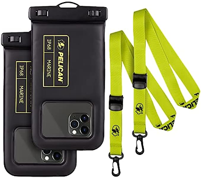 2 Pack Marine Series - IP68 Water-Proof Floating Protection Phone Pouch (Regular Size) - for iPhone 13 12 11 Pro Max Mini - Detachable Lanyard - Universal Compatibility, Black/Hi-Vis Yellow