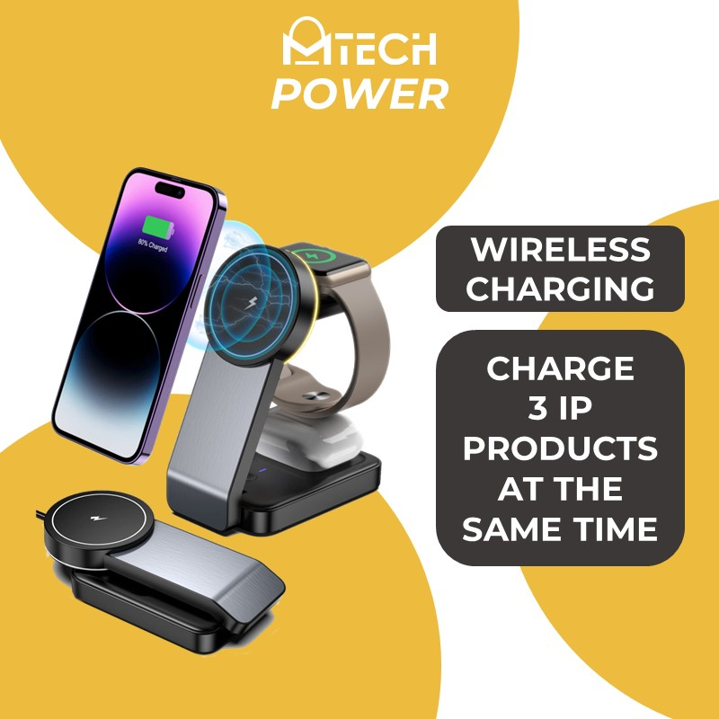 MTech MagTri 3-in-1 Magnetic Wireless Charger for Smartphones, Wireless Earbuds, and Smartwatches