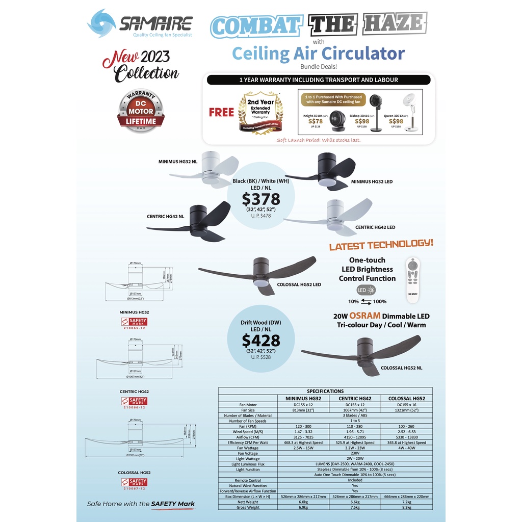 [For Low Ceiling] SAMAIRE HUGGER -MINIMUS 32" / CENTRIC 42" / COLOSSAL 52" + Remote + Optional 20W OSRAM Dimmable LED