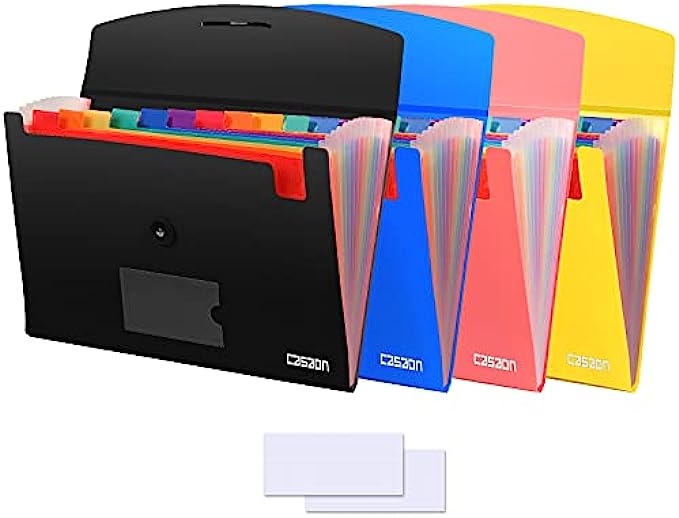 4 Pack 13-Pocket Expanding File, Plastic Expandable File Folder with Pockets, A4/Letter Size Accordion Organizer Folder, for School and Office Supplies - Black&Blue&Pink&Yellow