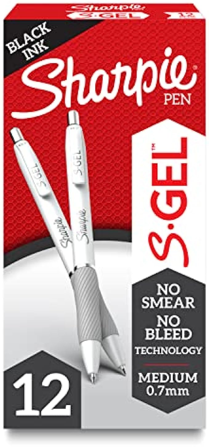 Sharpie S-Gel, Gel Pens, Medium Point (0.7mm), Pearl White Body, Black Gel Ink Pens, 12 Count