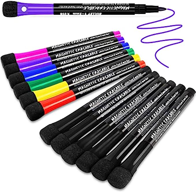 Magnetic Dry Erase Markers Fine Tip, 7 Colors (12 Pack) White Board Markers Dry Erase Marker with Eraser Cap, Low Odor Whiteboard Markers Dry Erase Markers for Kids Teachers Office & School Suppli
