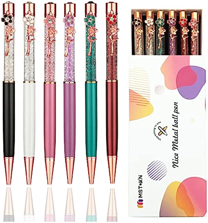 MSTOKIN Bling Crystal Diamond Floral Pen With Flower on The Pens Clip Black Ink Office Supplies Pack of 6 (6-pack clip flower pens)