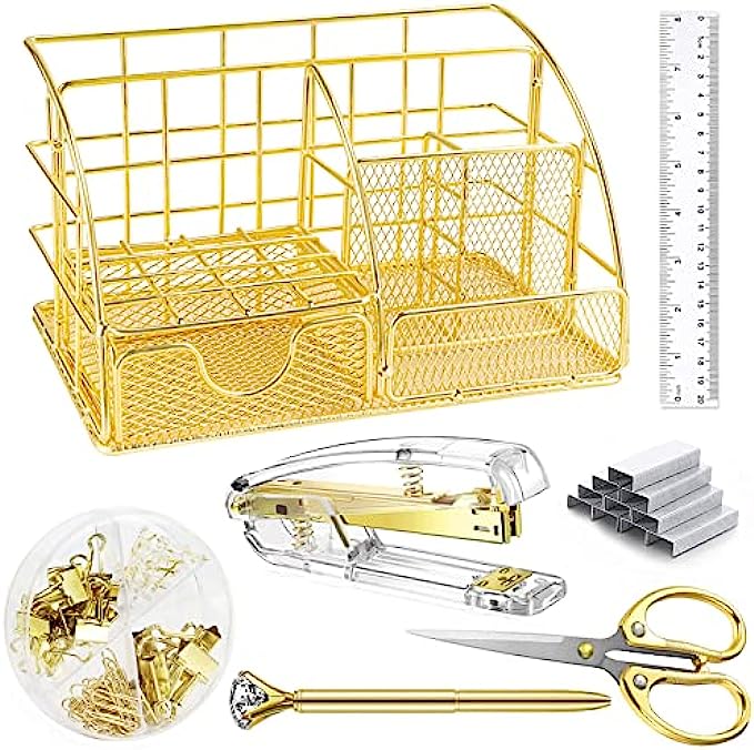 Gold Desk Organizers and Accessories Office Supplies Set Metal Mesh Organizer with Stapler, Scissors, Pen, Ruler, 30 Paper Clips, 22 Binder Clip, 20 Tacks and 1000pcs Staples