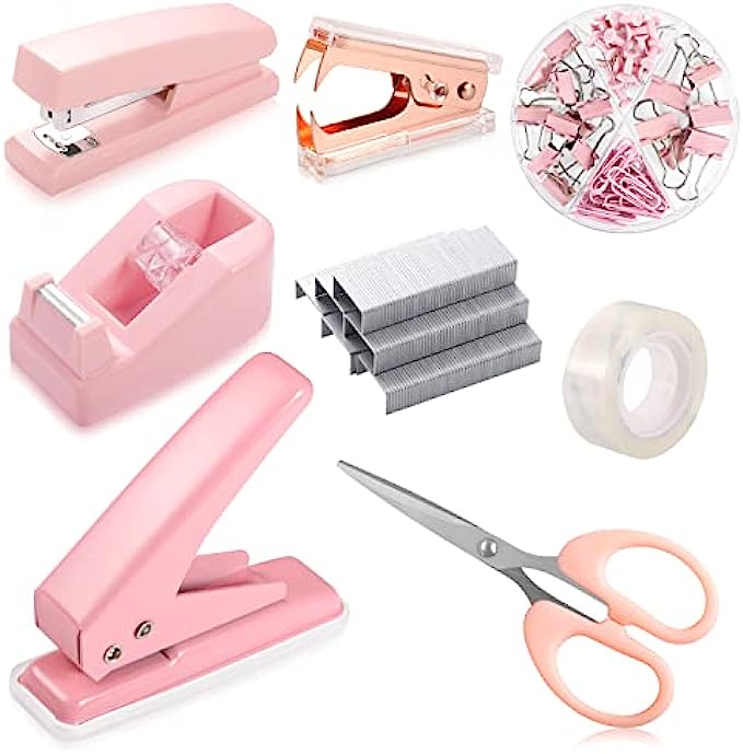 Pink Office Supplies Kit, Desk Accessory Set Pink Desktop Stapler and Tape Dispenser Set with Staple Remover 1000 Staples Hole Puncher Paper Clips Scissor Tape for Office