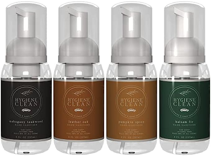 Hygiene Clean Alcohol-Free Foaming Hand Sanitizer with Four Fall Fragrances (4 Pack: Leather Oak, Mahogany, Pumpkin Spice, Balsam Fir), 8 Fl Oz