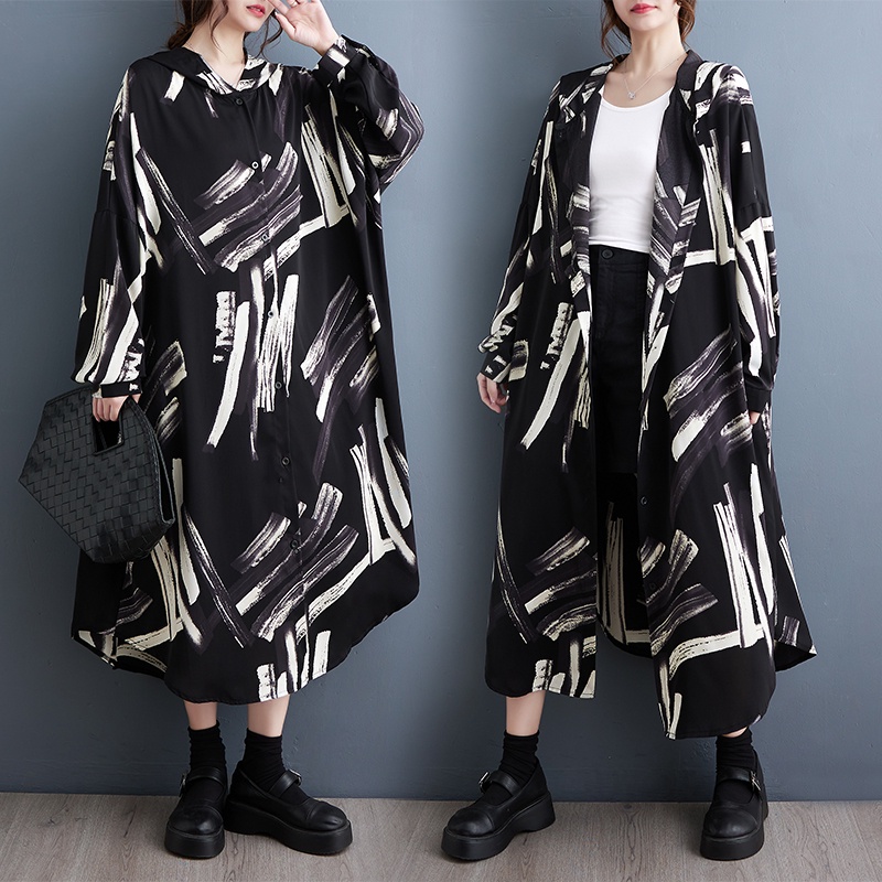 Oladivi Fashion Print Long Sleeve Button Dress for Women 2023 Spring Autumn Casual Loose Midi Dresses Oversized Clothing Plus Size Tunic Robe 5869 JM004