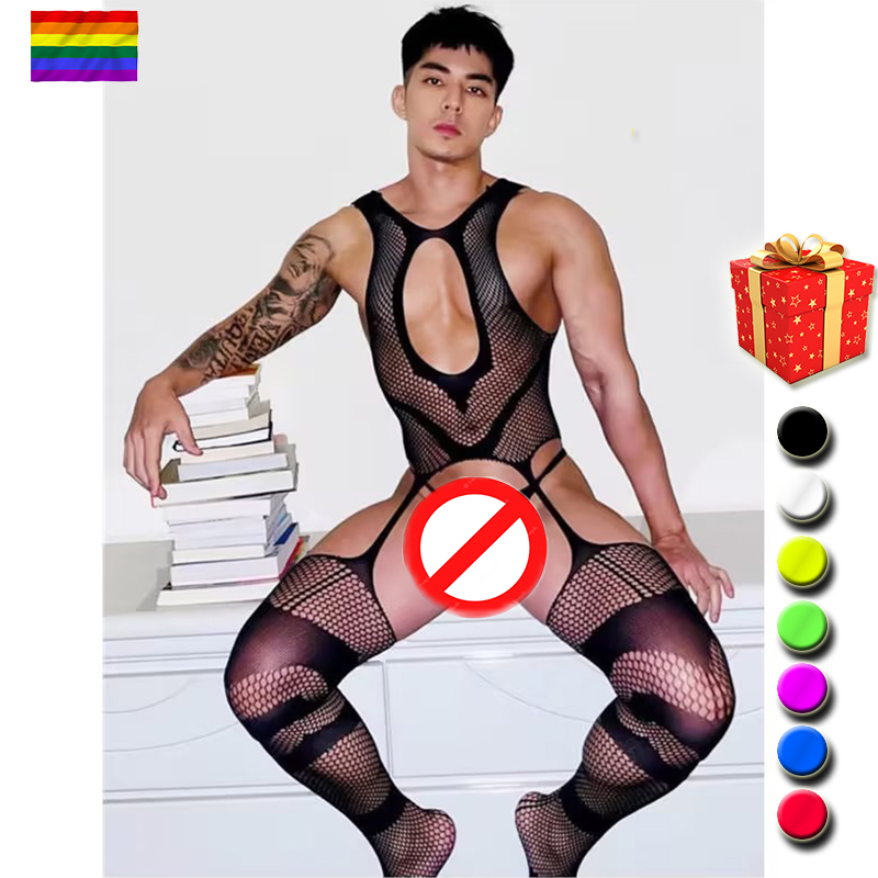 Men Bodysuit Hollow Bar Club Dance Party Transparent Black sissy Underwear Male Sleepwear Body Stockings lingerie for gay