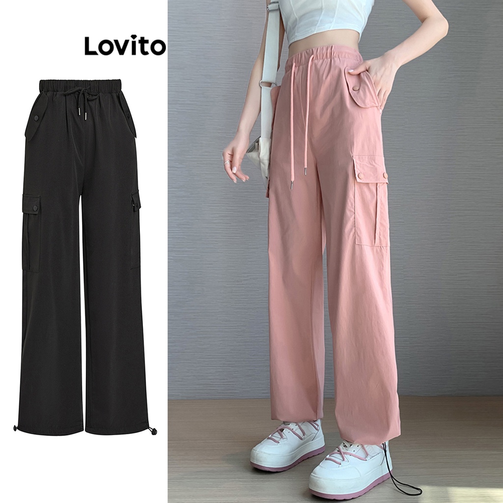 Lovito Casual Plain Pocket Lace Up Pants for Women L68ED106 (Pink/Black)