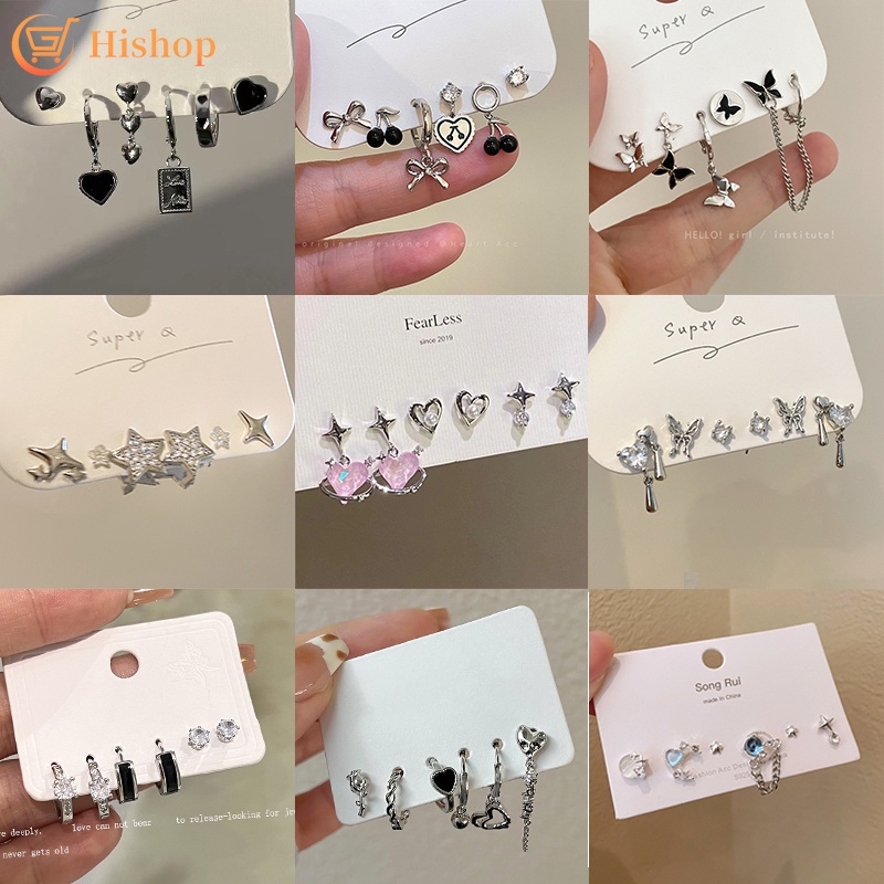 Korean Style Heart Silver Earrings Set Butterfly Pearl Zircon Stud Earrings for Women Fashion Jewelry Accessories