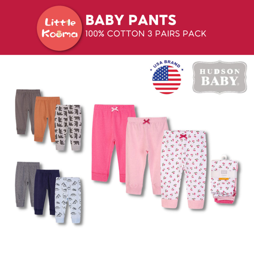 Hudson Baby Luvable Friends Baby Pants Multi-Pairs Pack Pure Cotton Elastic Waist for Easy Dressing Baby Bottoms