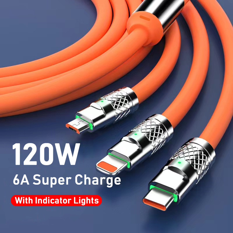 3 IN 1 Zinc Alloy Charging Cable 120W 6A Super Fast Charger